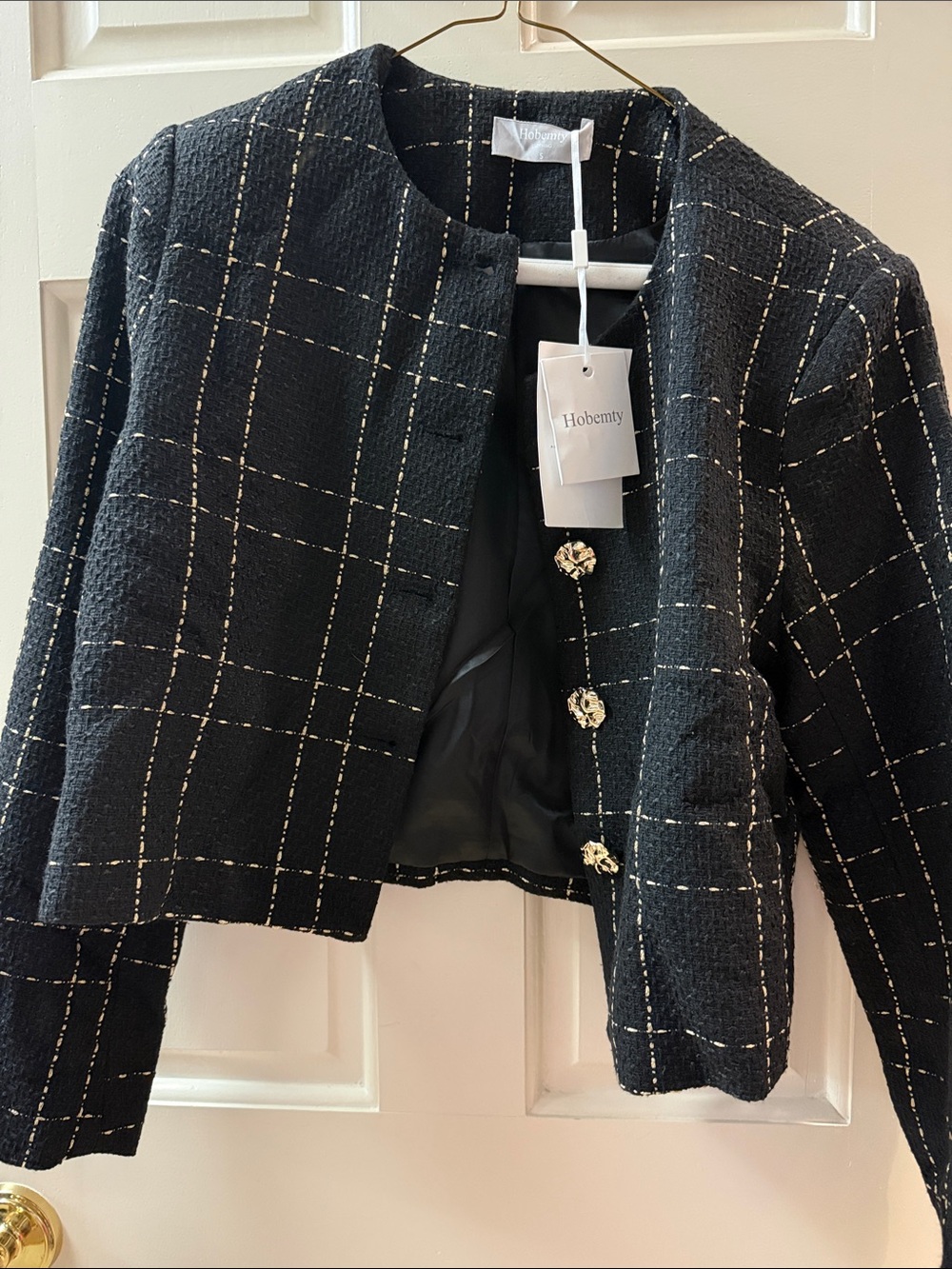 Hobemny Black Windowpane Tweed Cropped Blazer